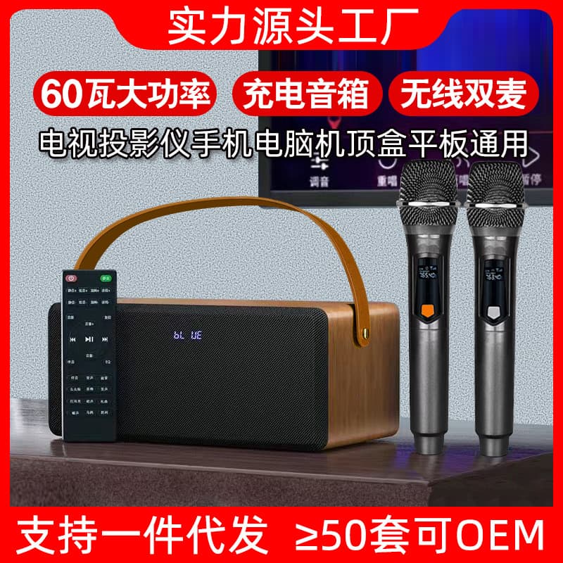 Home KTV Audio Microphone Set for TV Projector Singing Portable Bluetooth Wooden Speaker Microphone All-in-One
