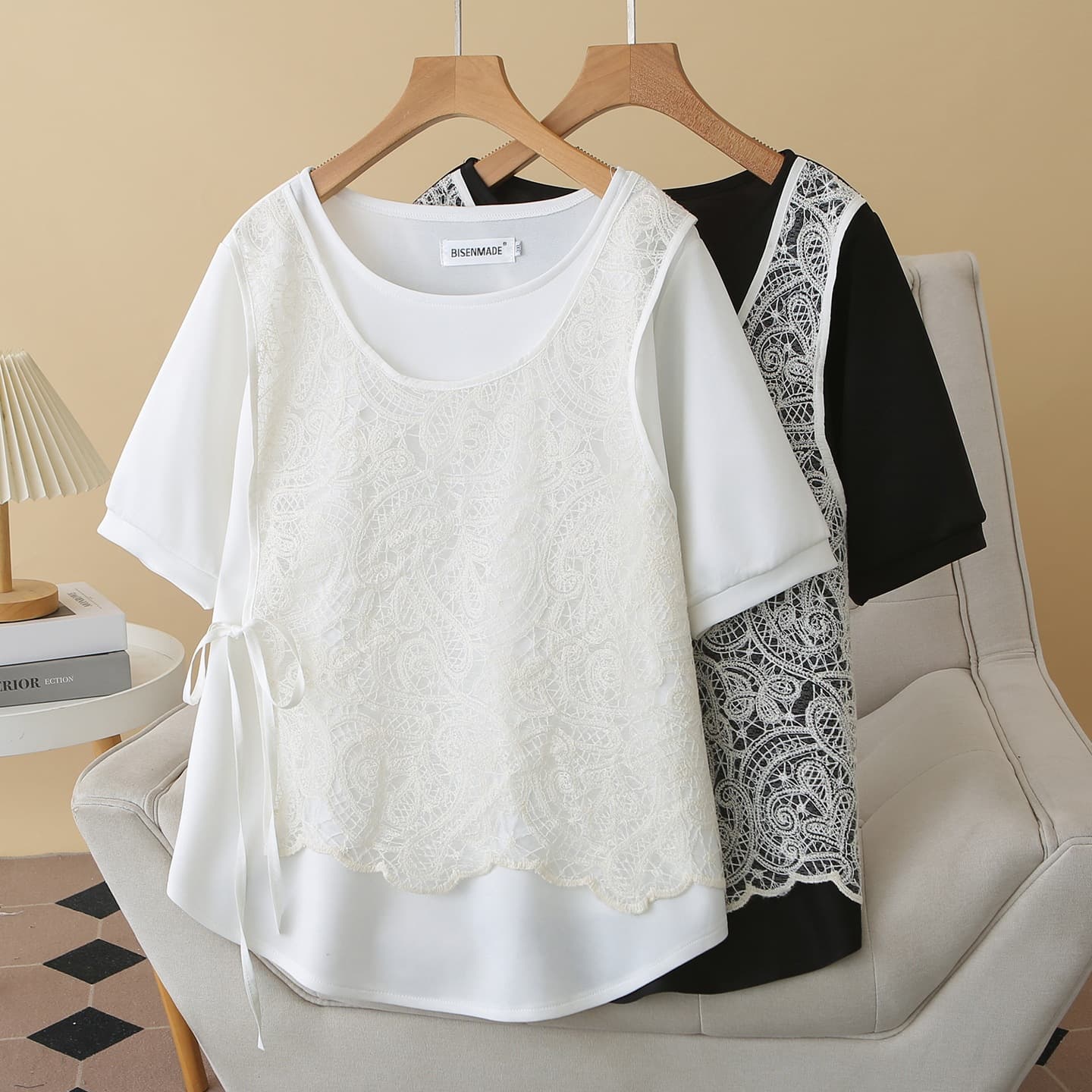 Fake two-piece short-sleeved tops for women plus size 2026 summer new fashion lace splicing loose flesh-hiding half-sleeved tops