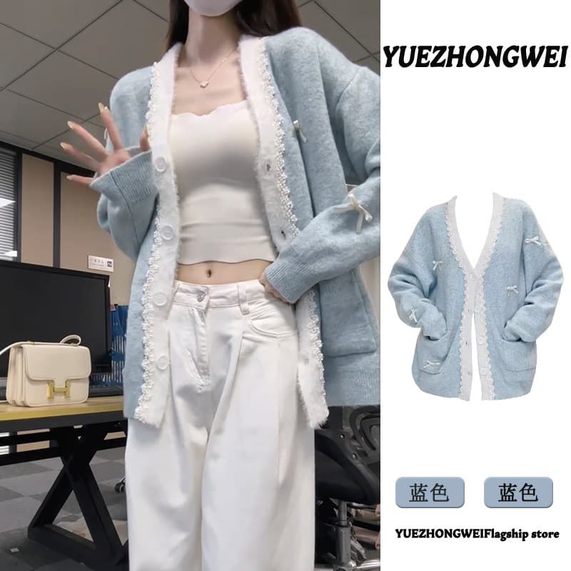 Chanel-style Blue Bow Cardigan for Women, Autumn/Winter Thick Loose Relaxed Mid-Length Knit Coat