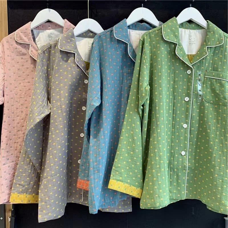 Muji-style double-layer gauze cotton pajamas, pure cotton women's long-sleeve spring/summer thin version, men's couple casual homewear set