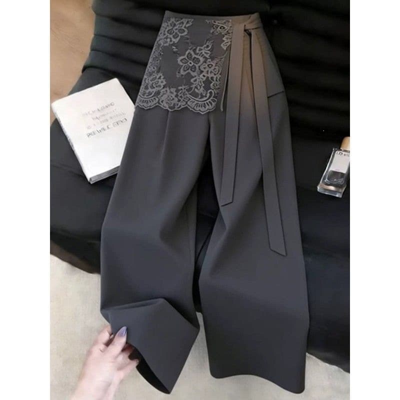 Gray fake two piece ribbon lace trousers high waist casual versatile wide leg trousers