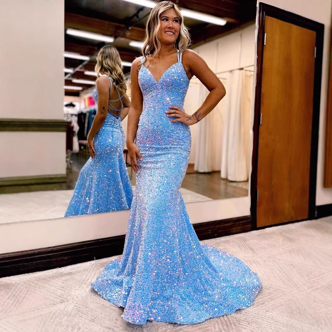 Sequin Prom Dress Bodycon Mermaid Fishtail Evening Gown with Small Train Spaghetti Strap V-Neck Party Dress
