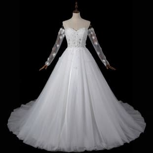 Women's Wedding Dress White Lace Floral Strapless Long Sleeve Dress Grand Train Long Dress Wedding Banquet Host