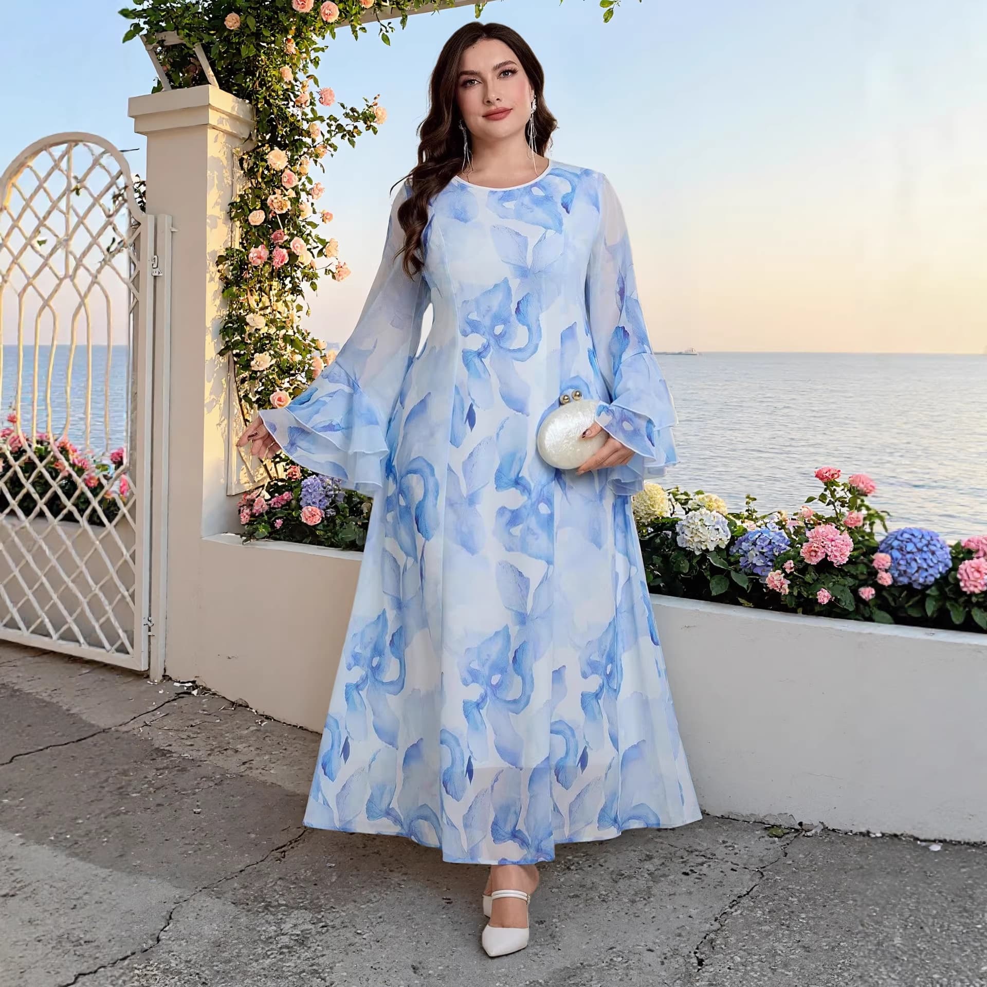 New Plus Size Women's Dress for Export, Cross-border Amazon Independent Station Printed Flared Sleeve Vintage Dress