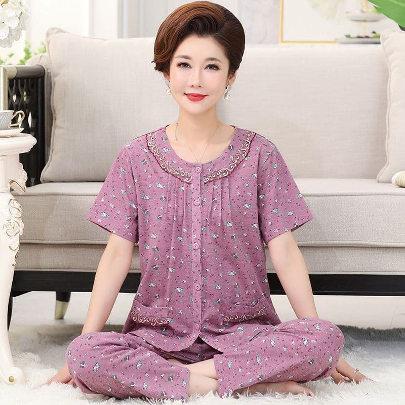 Women's Pajamas Short Sleeve Long Pants Cardigan Round Neck Summer Elderly Plus Size Homewear