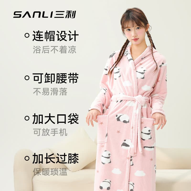 Sanli Towel New Printed Panda Bathrobe Adult Couple Cartoon Sleep Robe Coral Fleece Bathrobe Home Wear