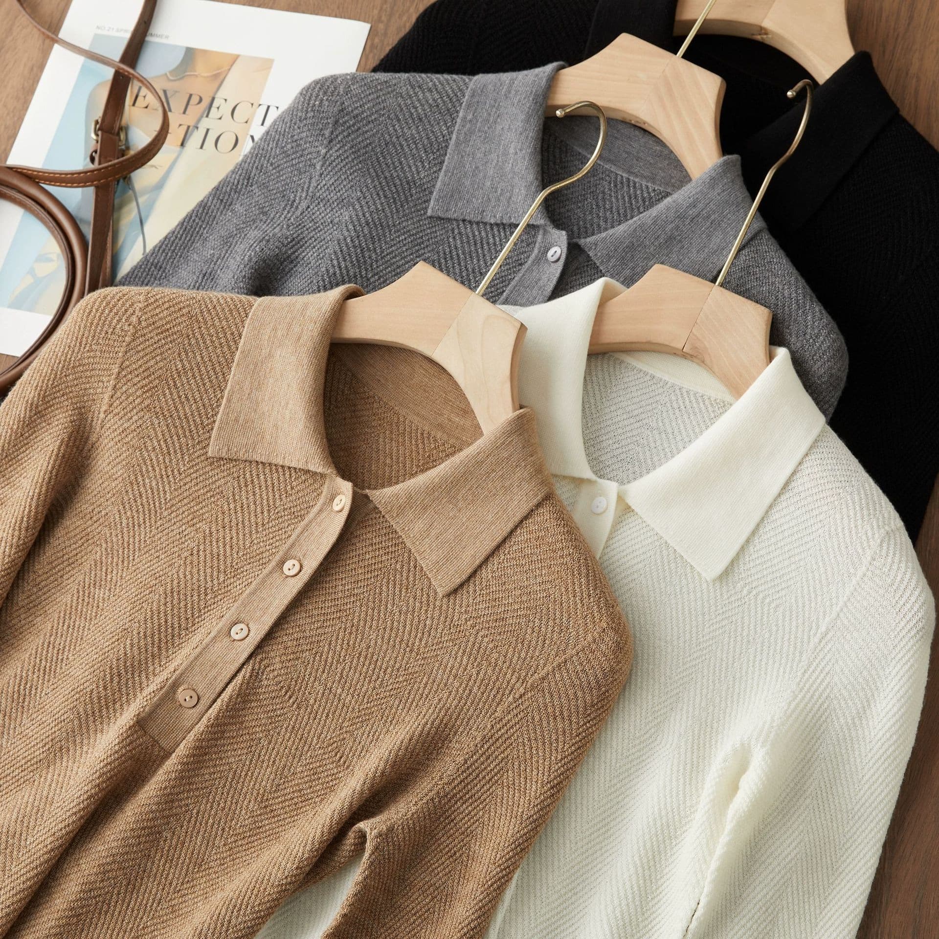 【Warm Flow Line POLO】100% Merino wool old money style seamless one-piece Yangzi yarn herringbone Polo shirt