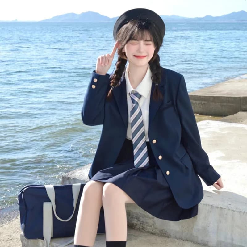 Original JK Blazer Japanese Style Sweet College Versatile School Uniform Spring and Autumn Black Long Blazer Medal Uniform