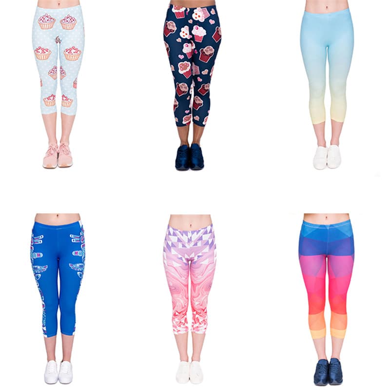 Cartoon Geometric Totem High-Waist 7/8 Length Sports Leggings, European and American Print Base Layer Leggings for Women, Cross-Border Trade