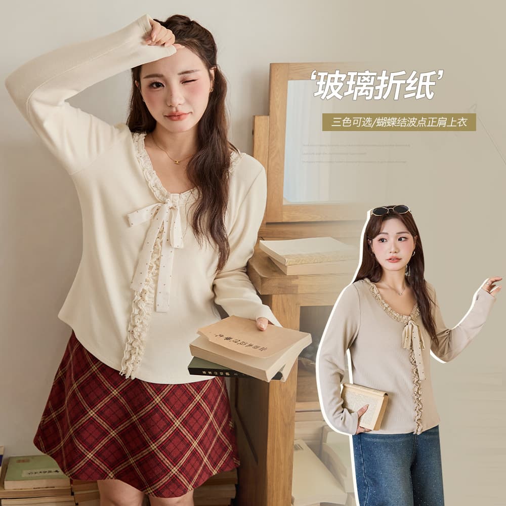Korean Style Shoulder-fit V-neck Bow Polka Dot Long Sleeve T-shirt, Winter Plus Size Women's Clothing Slimming Top 66099