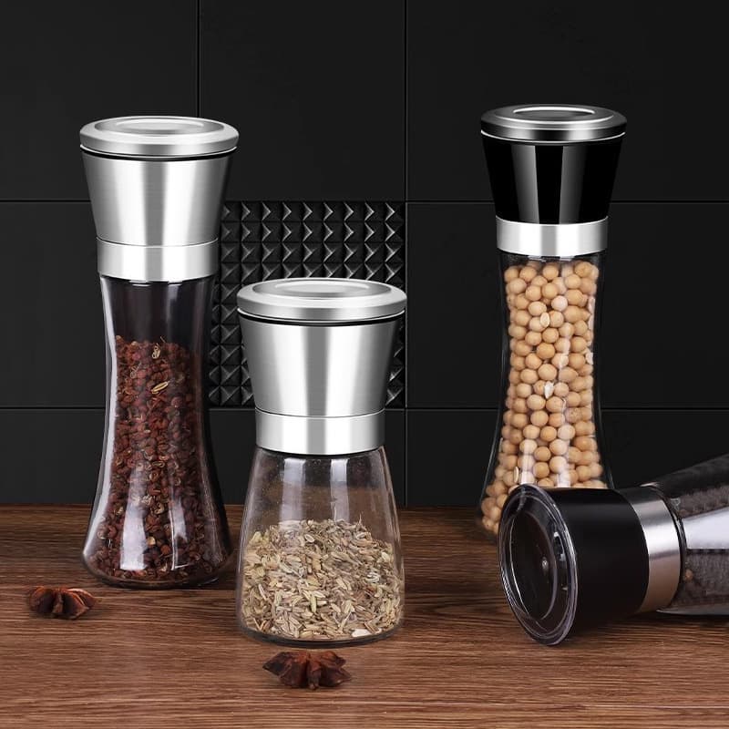 Custom cross-border manual grinder household stainless steel sea salt pepper grinding bottle spice jar glass container