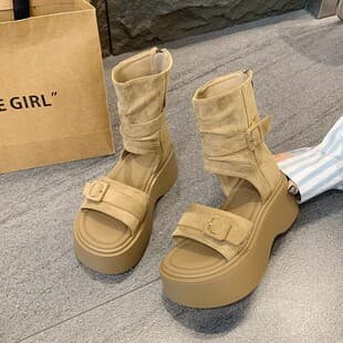 7cm Height-Increasing Sandals 2025 Summer New Thick Sole High Heel Roman Sandals for Women Versatile Vintage Boot Pants Sandals