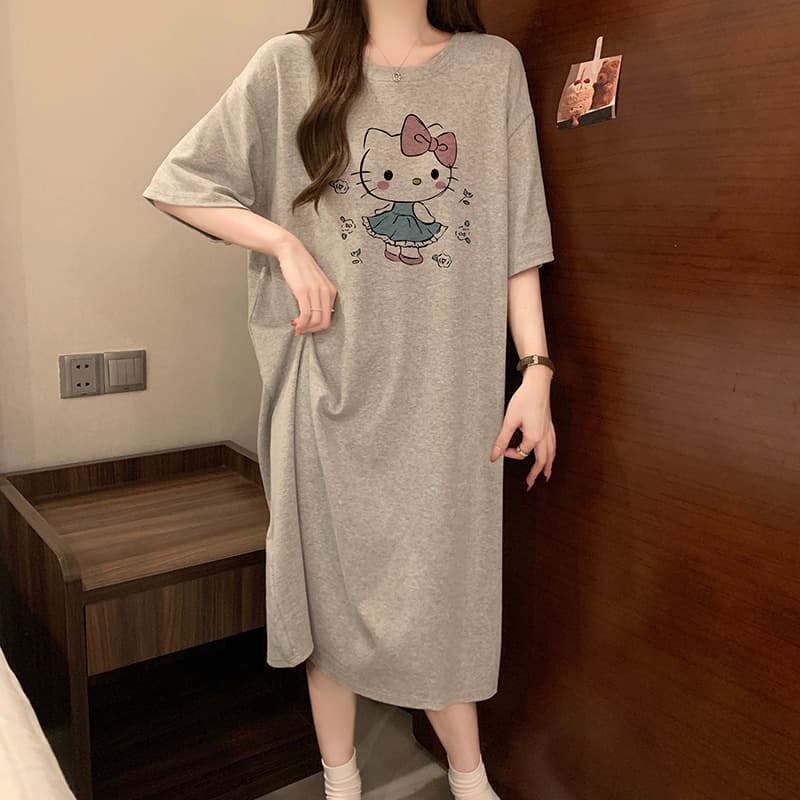 Cartoon Girl Sleep Dress Cotton Short Sleeve Midi Length Summer Thin Junior High School Student Loose Plus Size Maternity Nightgown