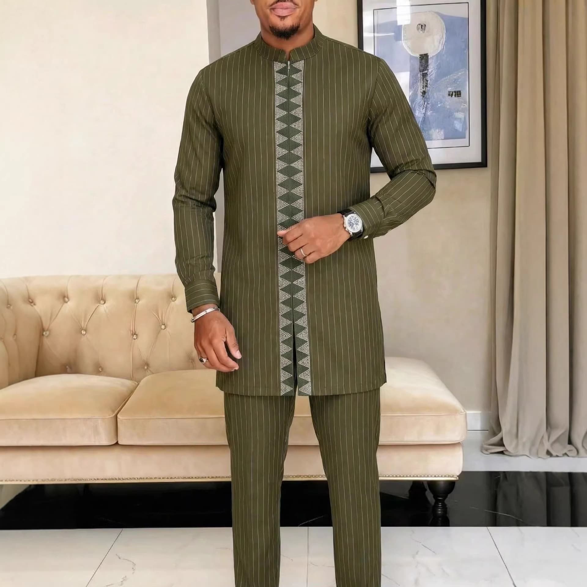 New Men's Set Kaftan African Ethnic Style Long Sleeve Embroidered Zipper 2-Piece Men's Holiday Wedding Suit