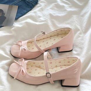 French Bow Square Toe Mary Jane Shoes for Women 2026 Spring New Sweet Chunky Heel to Match Dresses One-Strap Flats