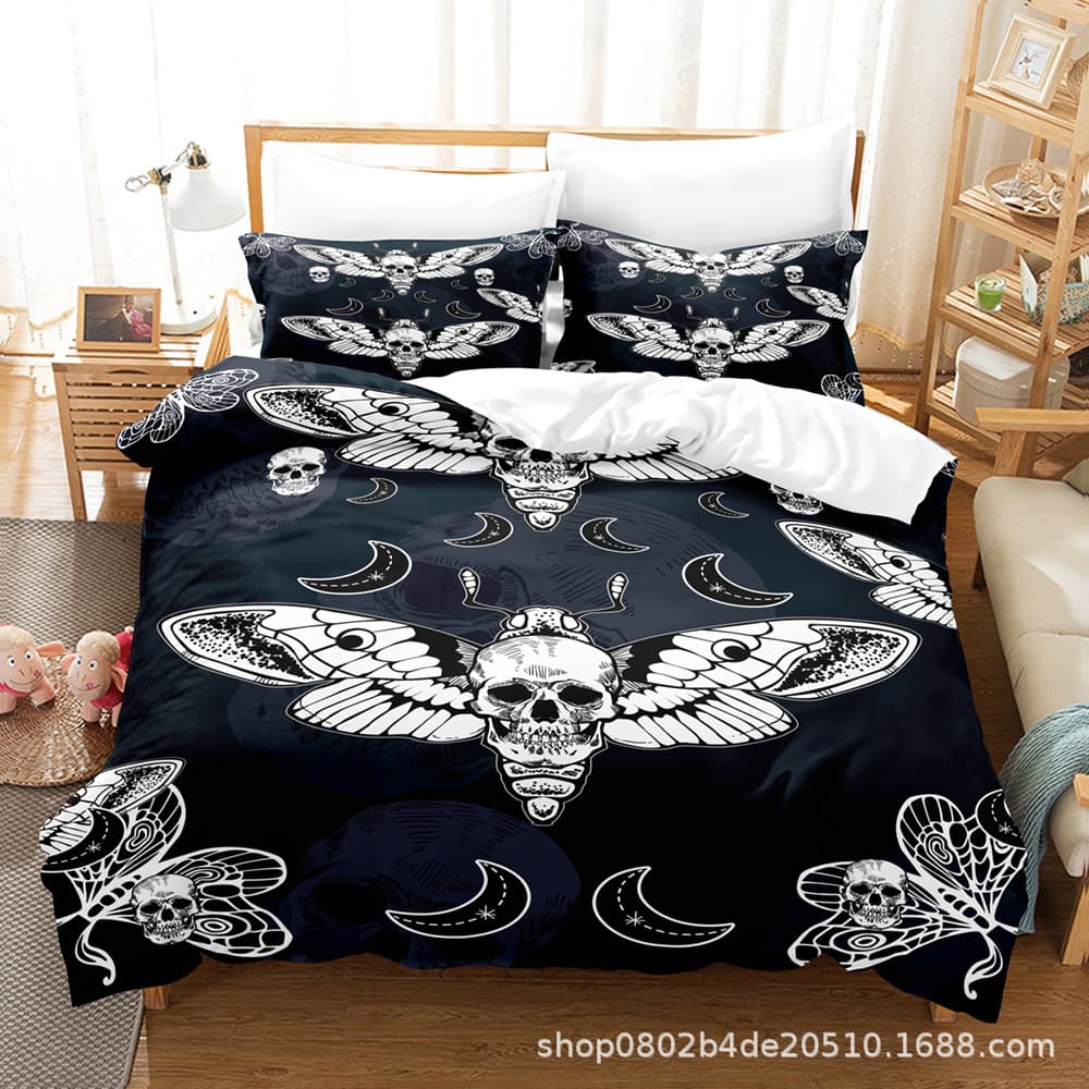 Custom digital print bed sheet and duvet cover set, skull 3-piece, for Amazon cross-border home textiles, customizable with your image or sample.
