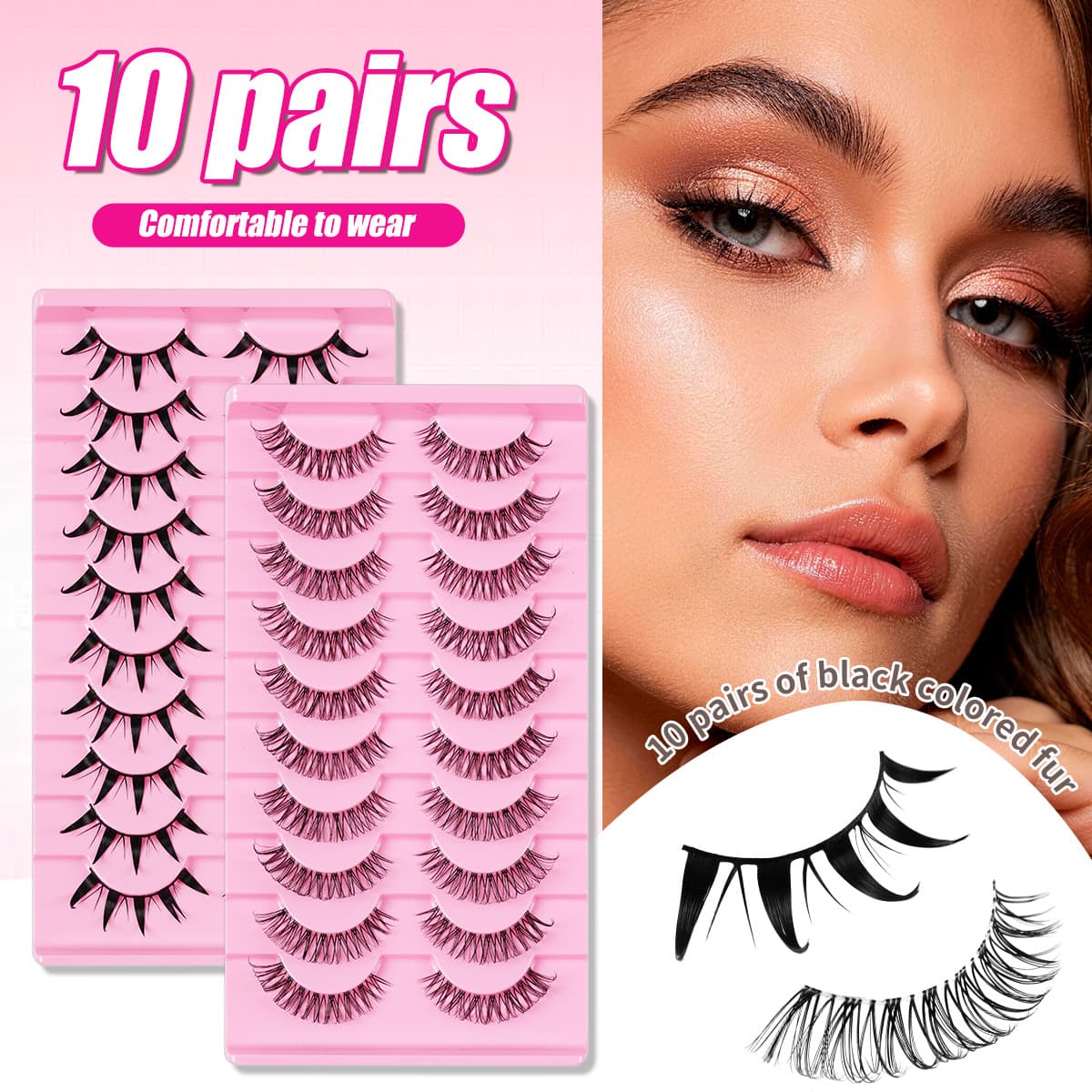 10 pairs of hard fake eyelashes, thick little devil eyelashes cos stage makeup, transparent stems, D-curved Russian curl eyelashes