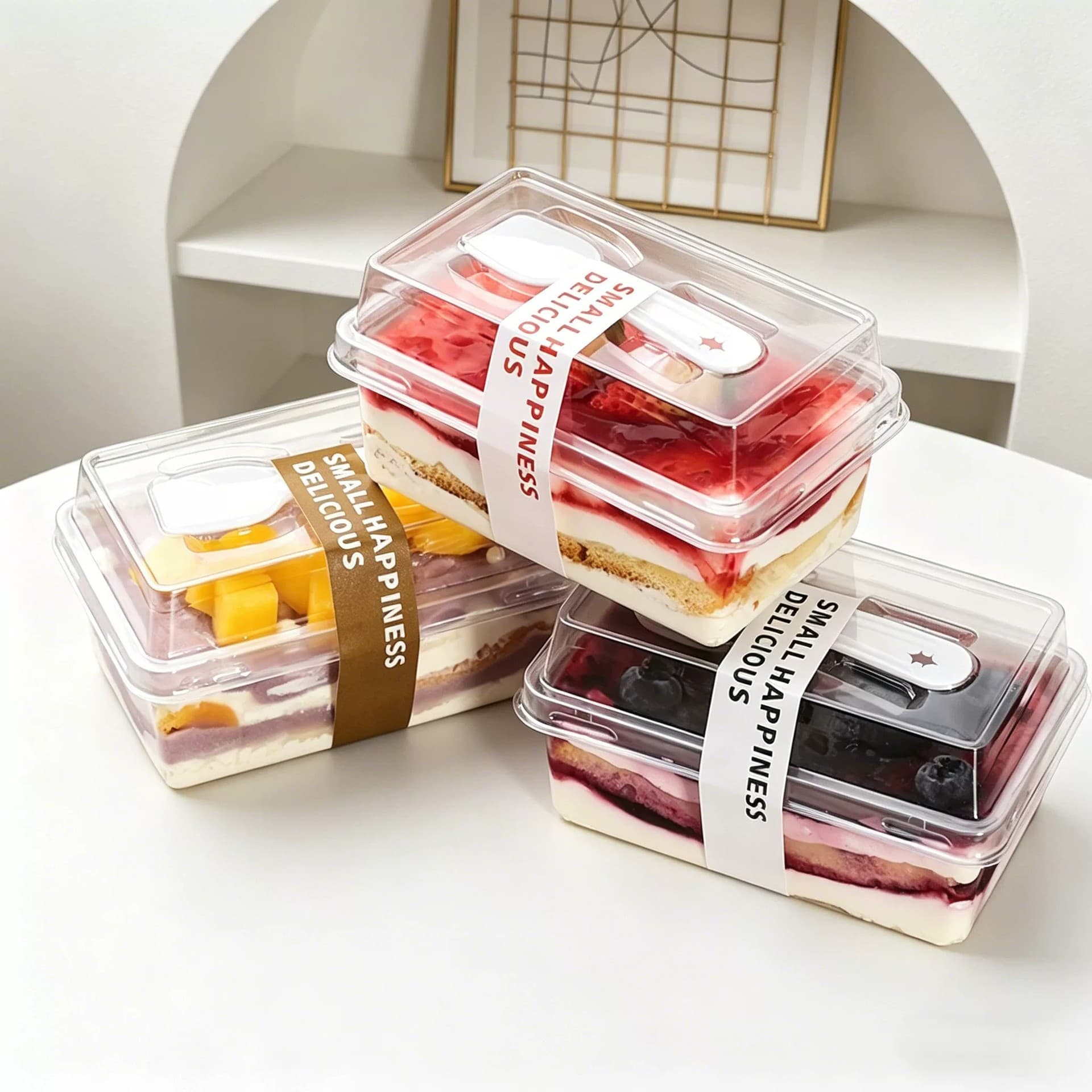 Tiramisu box mousse cake packaging box dessert thousand-layer soy milk transparent rectangular packaging box with spoon