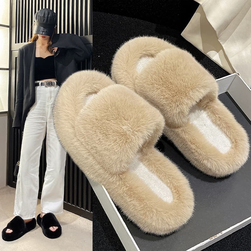 Women's Fuzzy Slippers with Raised Thick Sole, Fashionable Furry Slide for Outdoor Wear, Comfortable Cotton Slippers for Home, 2023 Fall/Winter