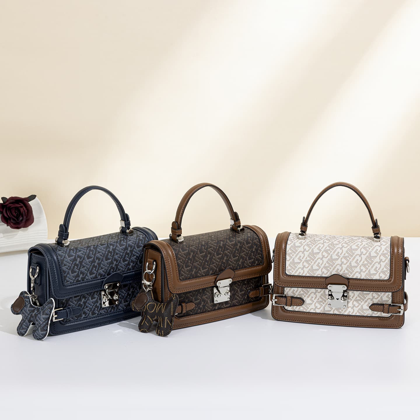 2026 New Monogram Vintage Box Bag for Women Brown Leather-Trimmed Corner-Protected Handheld Mini Trunk Bag Metal Lock Clasp Shoulder Crossbody