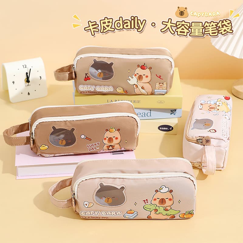 Yimulin Square Hand-Carry Double-Layer Large-Capacity Pencil Case Capy Daily for Middle and High School Students Stationery Storage Pencil Case