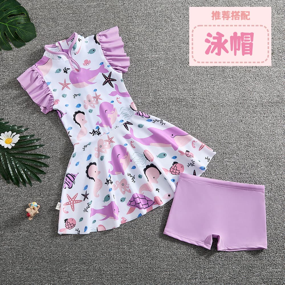 Girls' Chinese-Style Two-Piece Swimsuit, New Chinese-Style Summer Arrival, Sun-Protective Quick-Dry One-Piece Dress Swimsuit for Girls
