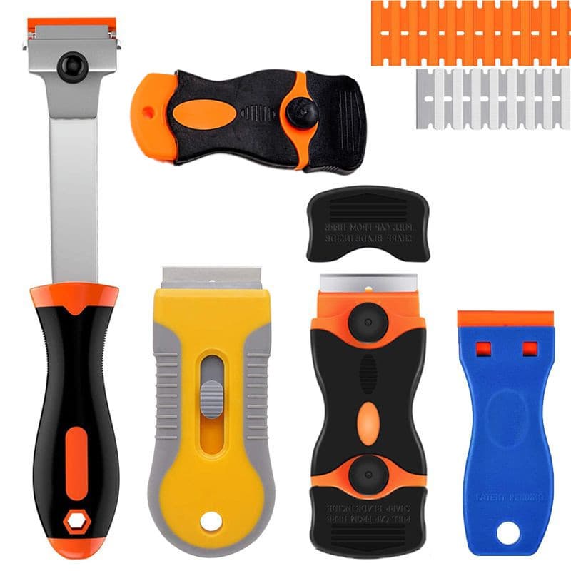 Multi-functional dual-head scraper for cleaning, extended scraper for glue removal, and car film application tool.