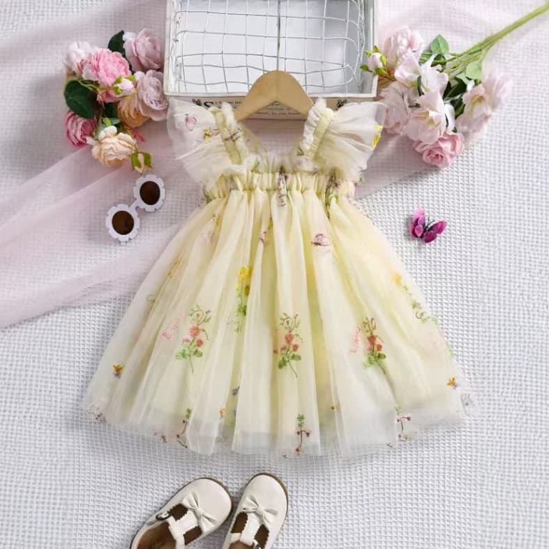 Amazon's New Summer Baby Girl Dress, Solid Color Bow-Decorated Embroidered Floral Mesh Dress