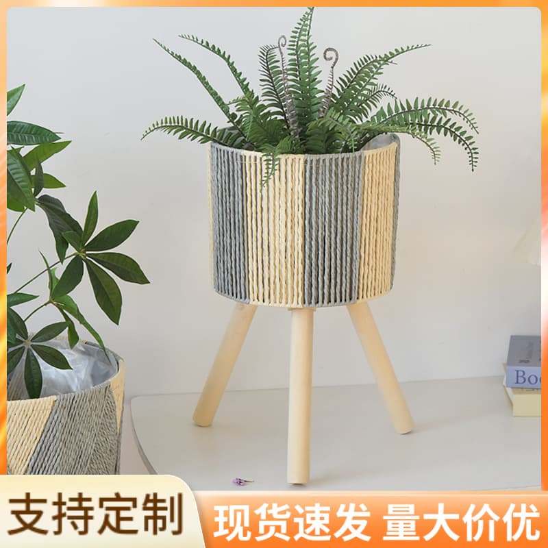 European Rattan Plant Stand, Living Room Balcony Flower Pot Floor-Standing Triangular Wooden Shelf for Potted Plants