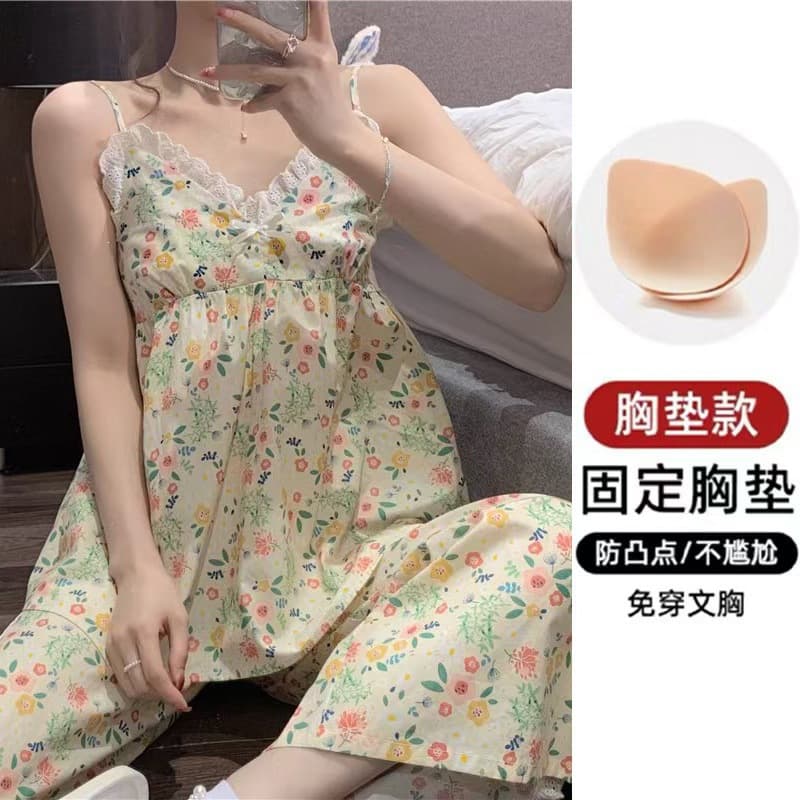 Summer new pajamas for women with suspenders, chest pads, trousers, pajamas for women, cute and sweet thin imitation cotton home clothes sets