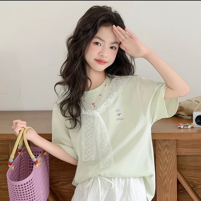 Casual Girls Top Round Neck Lace Shawl Children Summer 2026 New Stylish Loose Short Sleeve T-Shirt