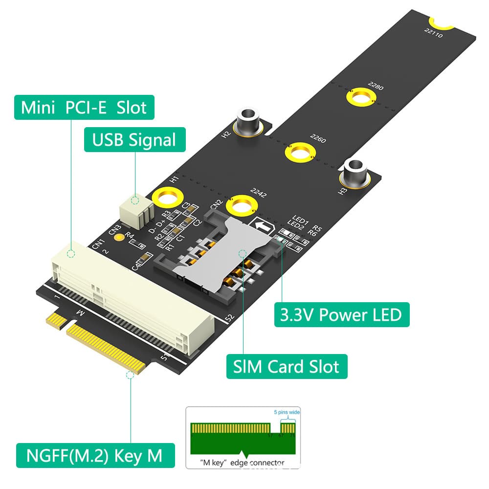 M.2 M KEY to Mini PCIe 3G 4G Network Card Module Development Adapter Board with SIM Card Slot