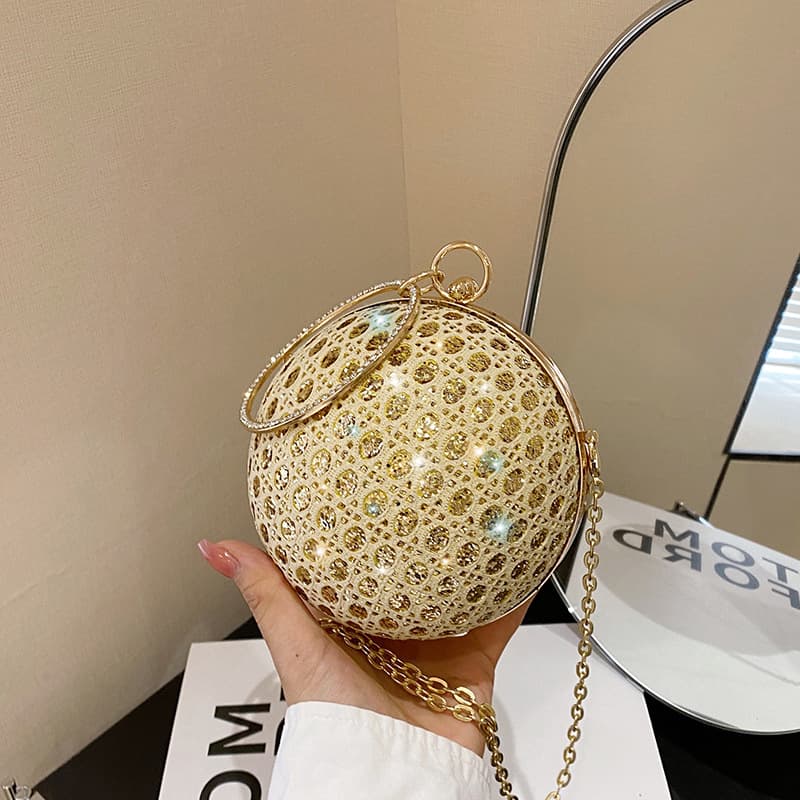 Trendy chain dinner bag, fashionable new golden ball handbag, bright diamond fashionable spherical shoulder crossbody bag