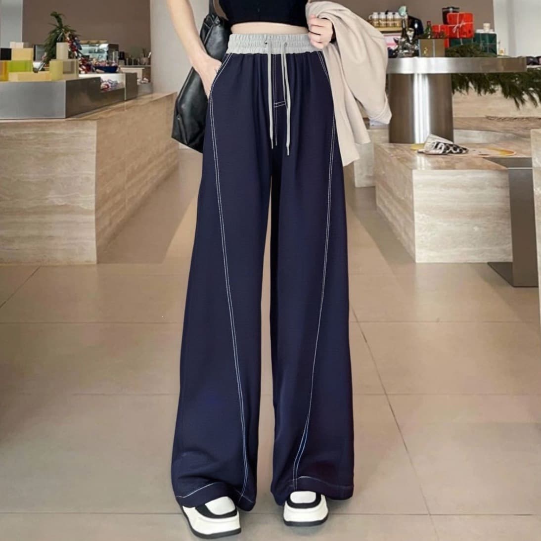 Women's Summer New High-Waisted Slimming Color-Blocked Wide-Leg Pants with a Loose Drape and Cloud-Like Feel
