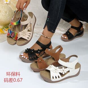 Large Size Wedge Heel Sandals Women 2026 Summer European American New Hollow Flower Thick Sole One-strap Beach Sandals Women's Sandals