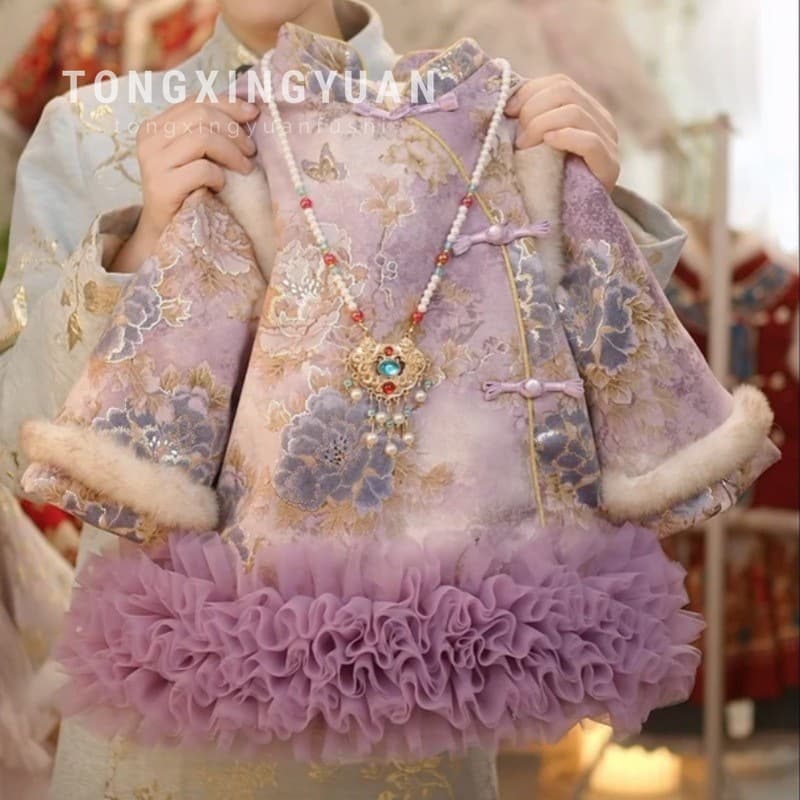【Ziyi】Tongxingyuan Girls Winter Fleece-Lined Quilted Cheongsam Dress Children's Birthday Party Wear New Year Chinese Style