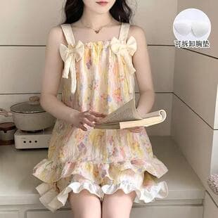 Rustic Style Women's Summer Pajama Set, Cute Cherry Bow Tie Camisole, Loose Fit with Built-in Pads
