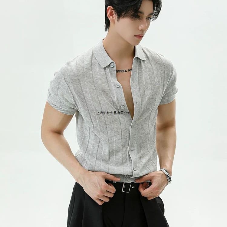Old Money Style Fashion Solid Color Ribbed Cool-Touch Polo Knit Shirt with a Relaxed Fit, Japanese Versatile Men's Short-Sleeve Cardigan