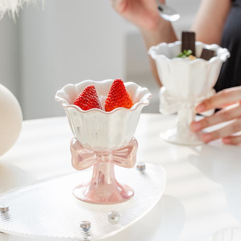 Cross-border Pearl Bow High-Appearance Ice Cream Goblet Couple Ceramic Mug Creative Gift