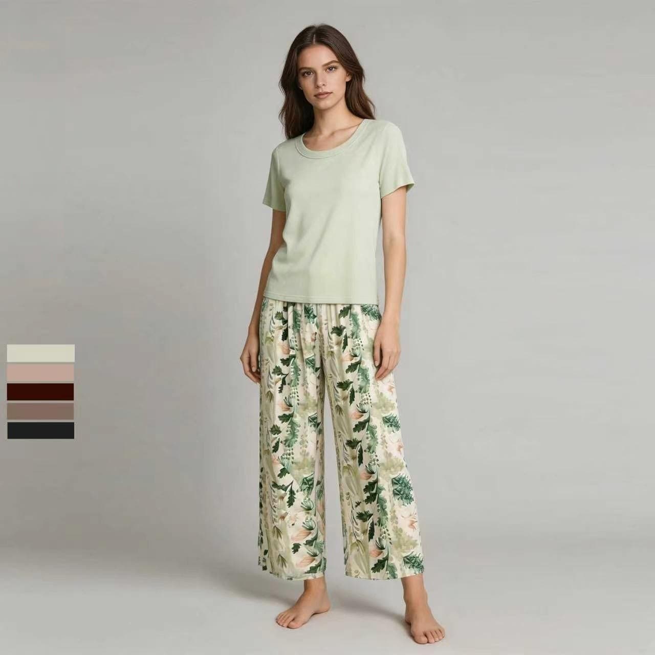 2026 New Style Independent Station Amazon European and American Printed Comfortable Casual Cropped Pants Sleepwear Women's Ribbed Short Sleeve Homewear