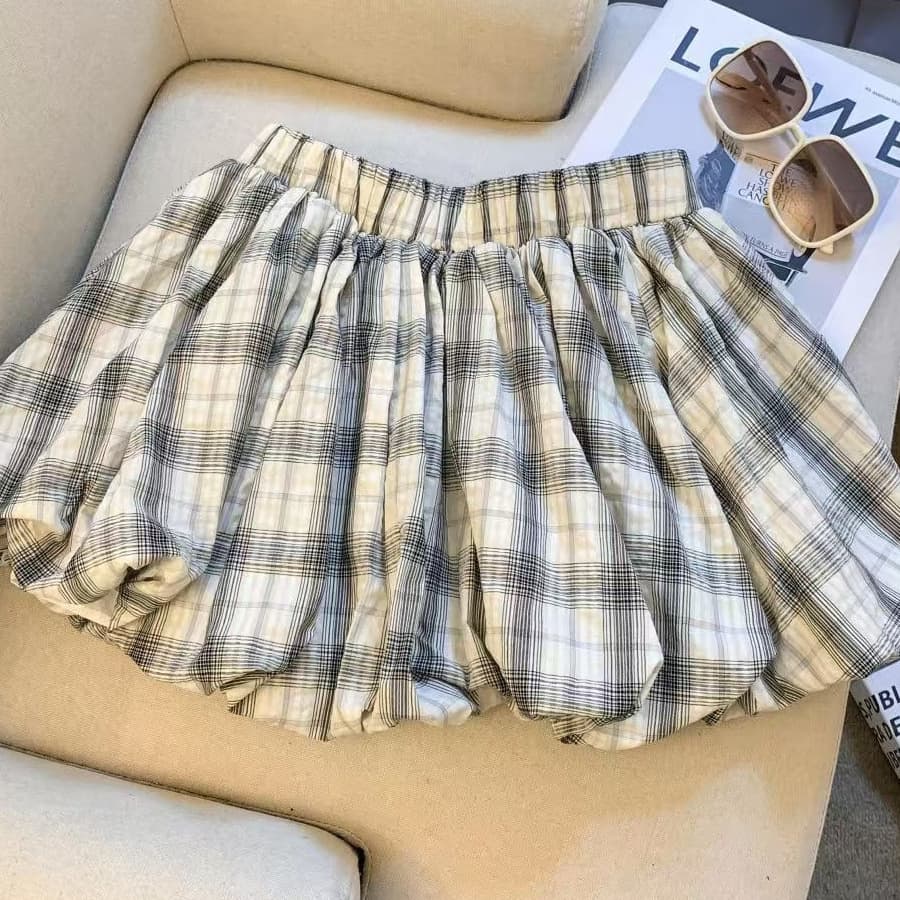Academy Style Retro Plaid Skirt for Petite Women, Ultra-Short Korean Mini Flower Bud Skirt Spring Summer