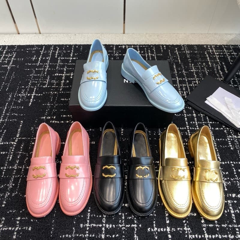 New Small Fragrance Style Simple Retro Open-edge Bead Letter Chain Diamond Pattern Double Thick Sole Loafer Leather Shoes