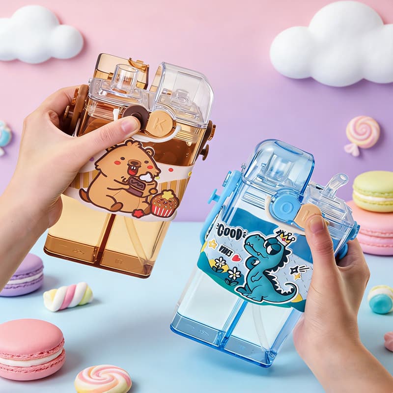 High Appearance Compartment Water Bottle for Kids with Straw, Cute Square Bottle for School