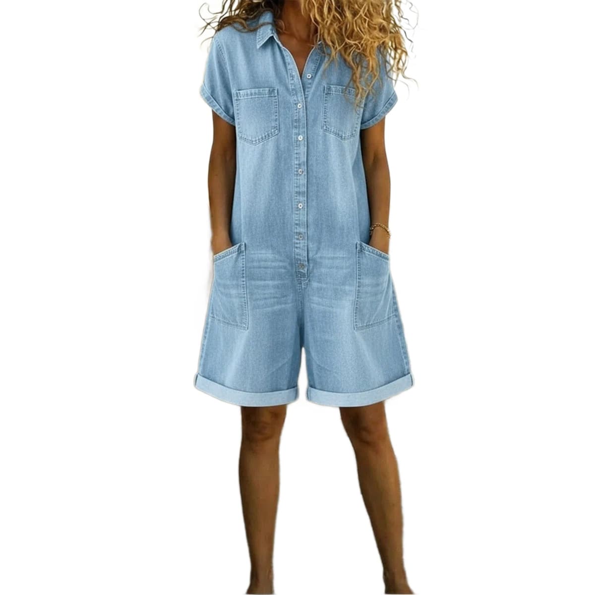 2026 Spring Short-Sleeve Multi-Pocket Shirt Washed Denim Jumpsuit Shorts Cross-Border Women's Clothing