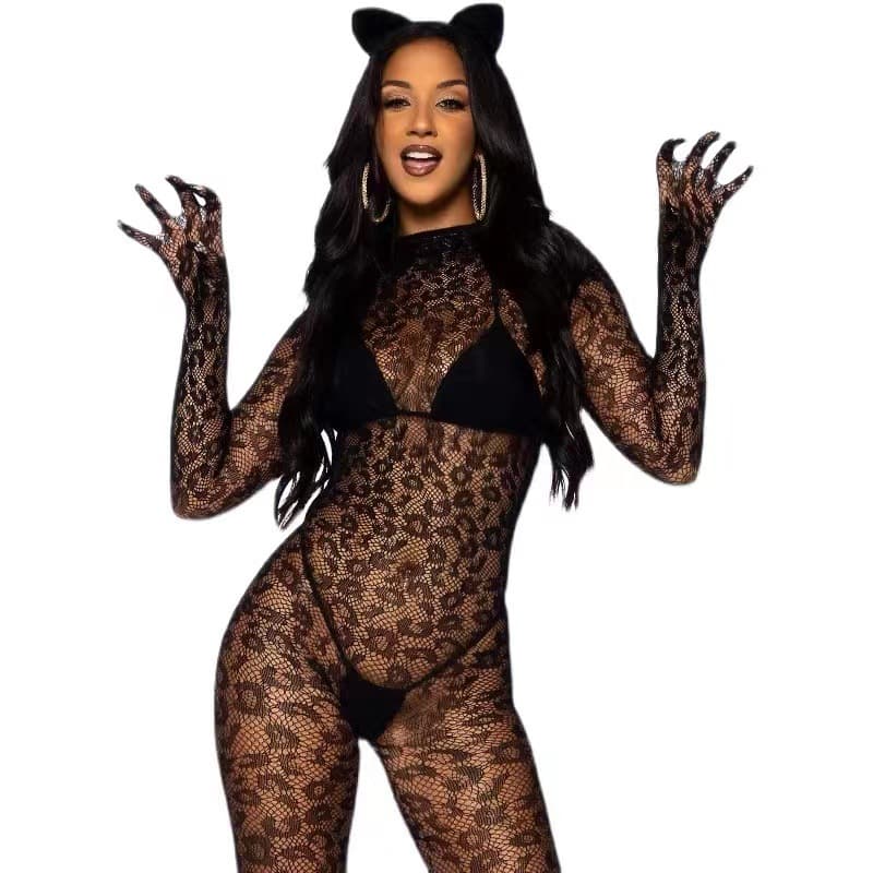 Sexy European and American cross-border long-sleeved bodysuit with fishnet stockings and a closed crotch see-through design (w636)