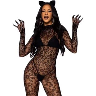 Sexy Lingerie Long Sleeve Bodysuit with Fishnet Stockings, Closed Crotch, Sheer, for Europe and America Cross-Border, w636