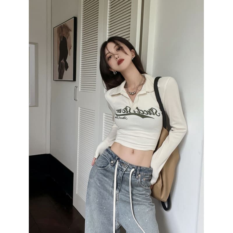 American Letter Printed Lel Long-sleeved Women's T-shirt Design Feeling Autumn New Slim-fit Slimming Sweet Spice Girls Short Top