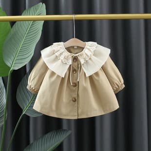 2026 New Children's Jacket for Girls Spring/Autumn Kids Baby Petal Collar Trench Coat Top Toddler Fall Wear