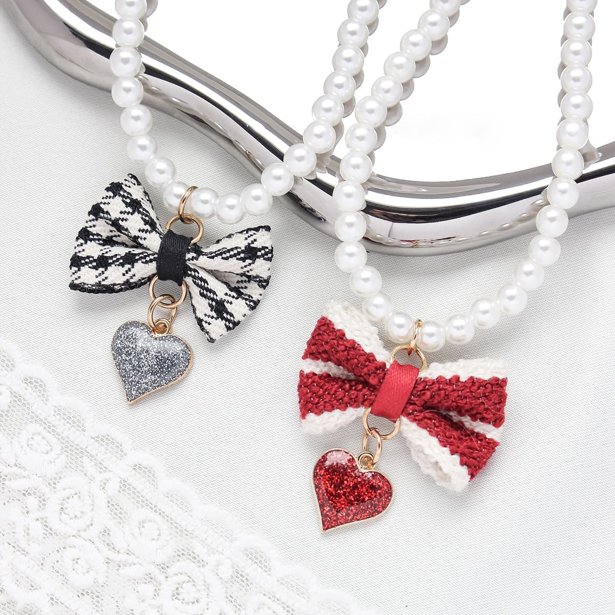 Pet Pearl Necklace Cat Collar Dog Love Heart Bow Neck Collar Cute Decoration Cat Dog Supplies Wholesale