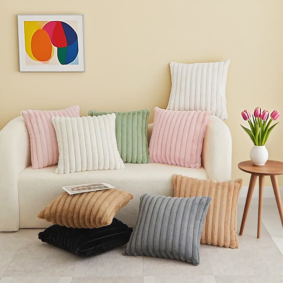 Amazon New Rabbit Fur Ins Style Solid Vertical Striped Plush Square Cushion Sofa Decorative Pillow Cover
